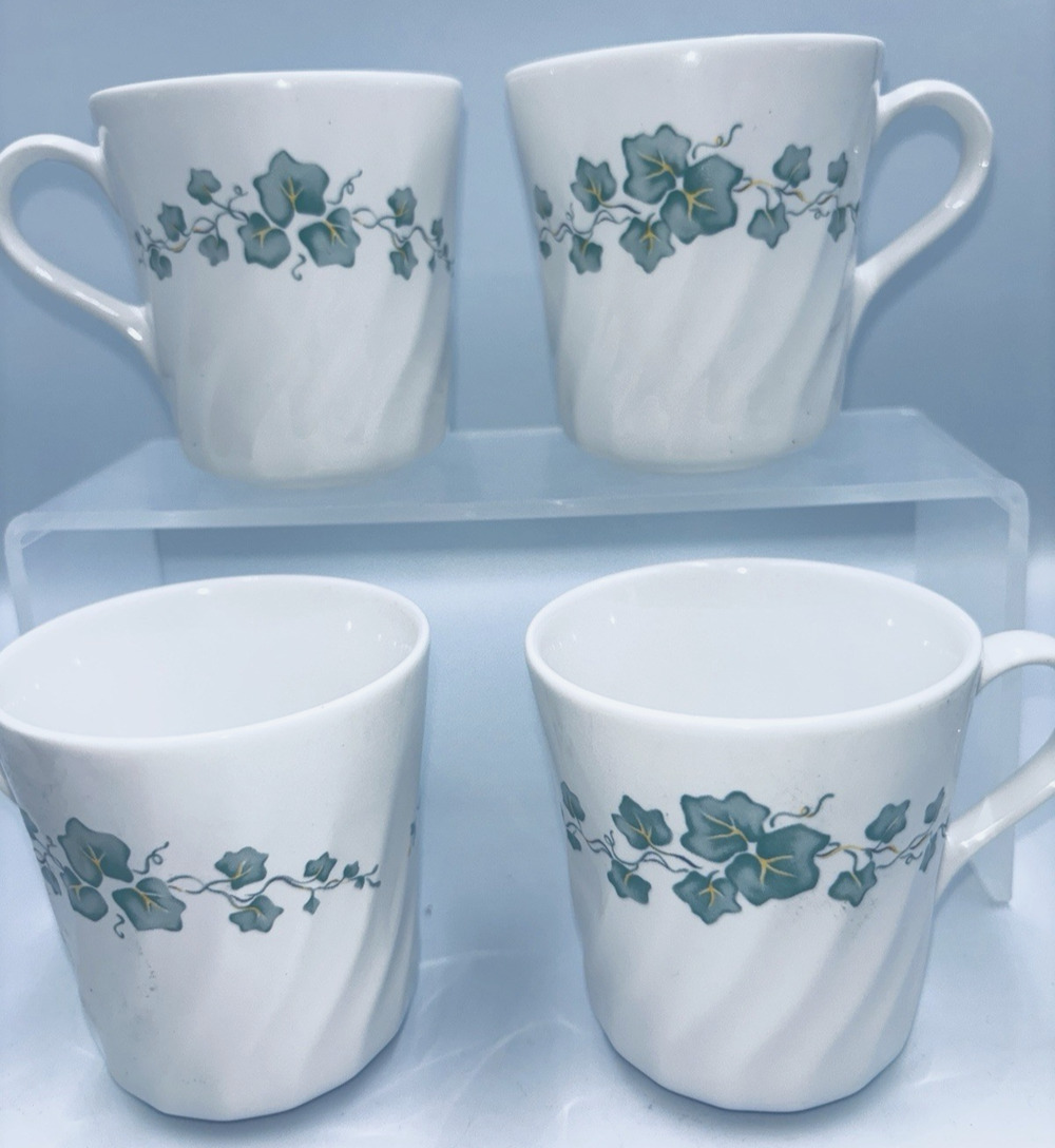 Corelle Coordinates Callaway Ivy Coffee Mugs Cups Green Ivy Swirls SET OF 4